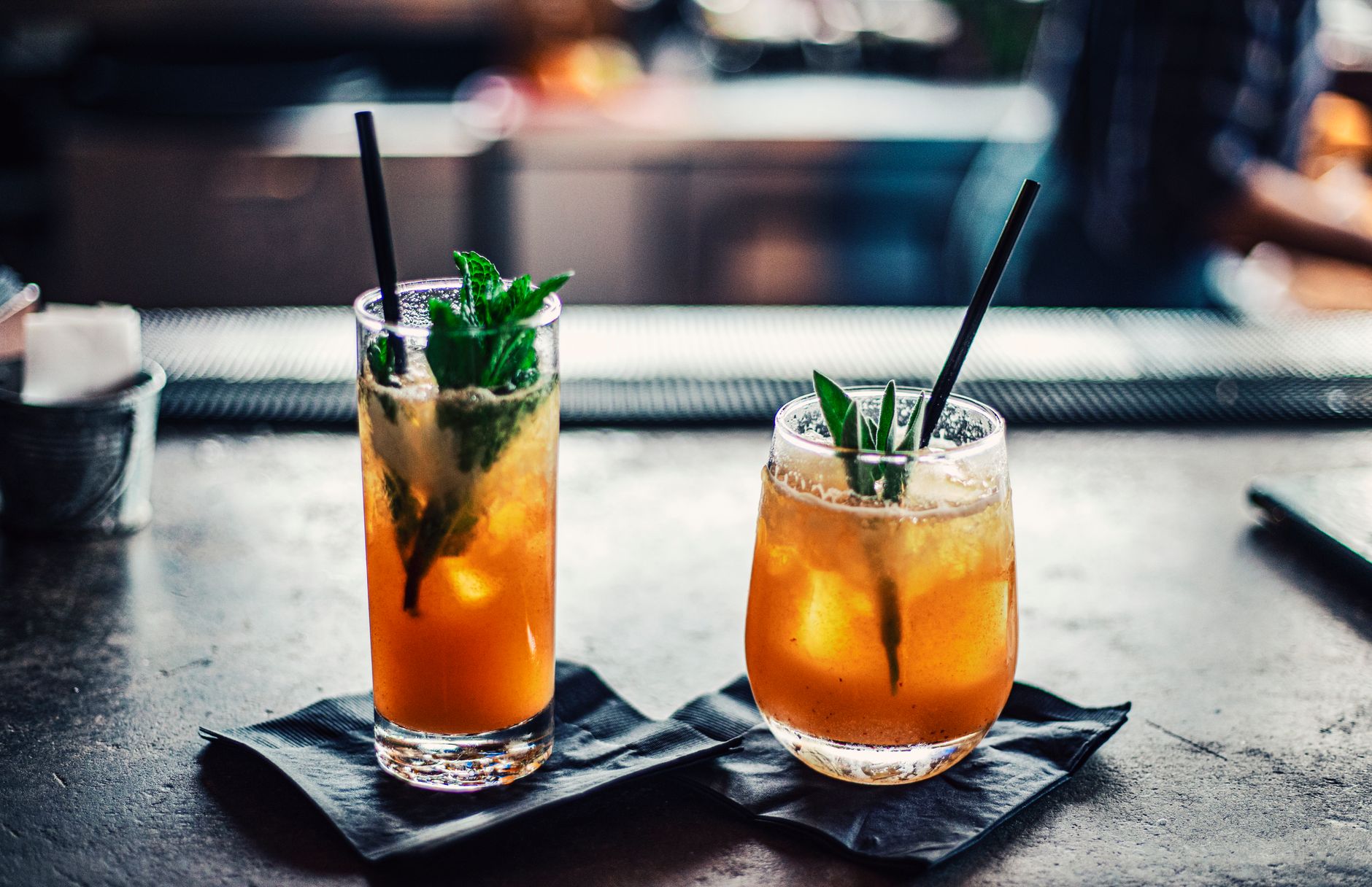 Alcohol-free cocktails on a bar counter reflecting the sober curious UK trend